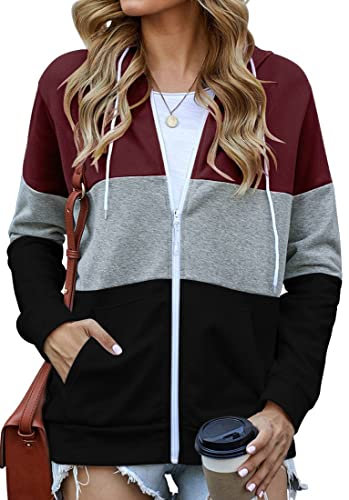 EUDOLAH Sudadera Mujer con Capucha y Cremallera Abrigo Casual de Chica Otoño Primavera L,1 Vino Tinto