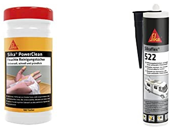 Sika PowerClean Eimer mit 100 Reinigungstüchern & flex 522 Caravan schwarz 300ml STP universeller Klebstoff, Dichtstoff, UV