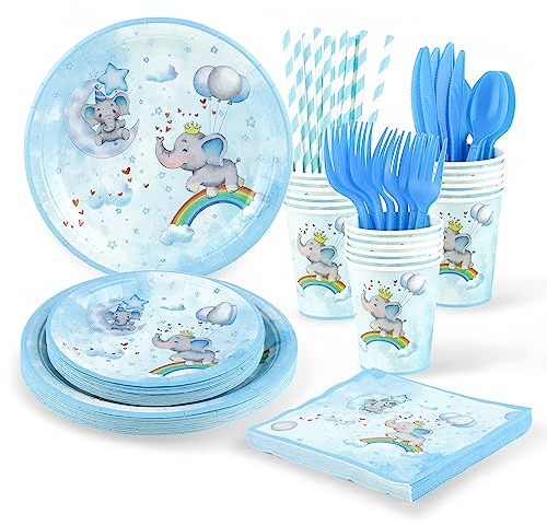 fanquare Elefanten Partygeschirr, 160 Stück Regenbogen Pappteller, Tassen, Servietten, Besteck, Strohhalme Blaues Partyzubehör für die Geburtstags Babyparty, 20 Gäste