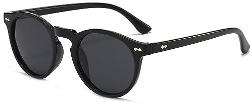 YAMEIZE Lunettes de Soleil Polarisées Ronde-Ovale Rétro Vintage Teintée Lunettes Mode Classique pour hommes Femmes Protection UV 400 Lumineux Noir Gris