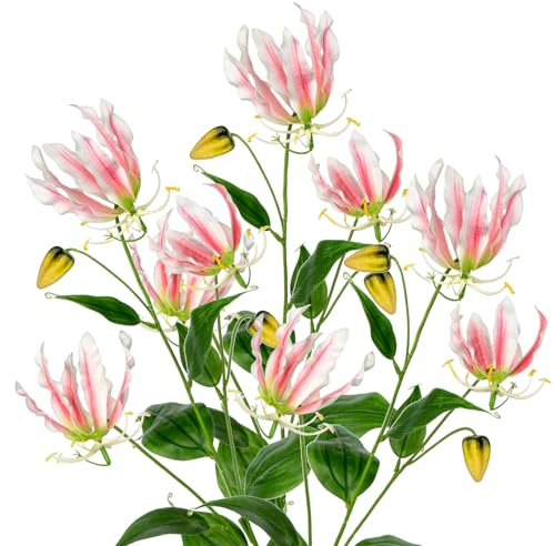 3 x Artificial Flowers Gloriosa Lily Artificial Flowers Pink Climbing Lily, Length 84 cm, Artificial Branches Spring Flowers Artificial Plant for Flower Arrangement Home Resto Office Decoration