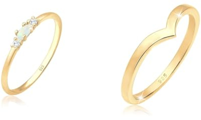 Elli Ring Damen Vintage mit Zirkonia Kristallen und Opal in 925 Sterling Silber Vergoldet & Ring Damen V-Form Stacking Trend in 925 Sterling Silber Vergoldet