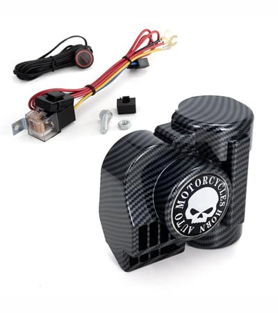 FARBIN Motorrad Hupe LKW Lufthupe Air Horn Zug hupe 12V 150db Super Laute Luft Hupe Auto Hupe Druckluft Hupe Kit für Motorrad Auto Boot (12V, Schwarzes Kabelbaum und Druckknopf)