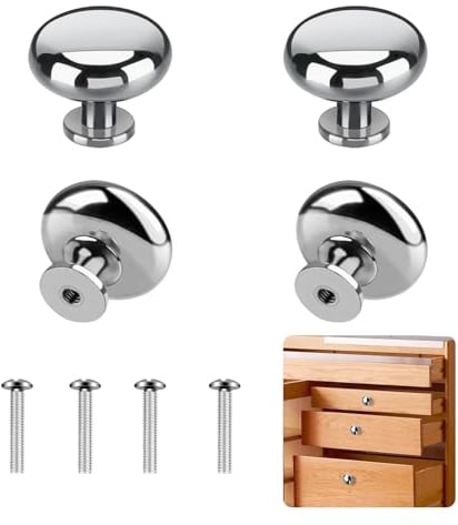 Taoduod 4pcs Cabinet Door Knobs, 28mm Round Cupboard Door Handles Sliver Mushroom Drawer Door Knob Polished Chrome Cabinet Knobs with 4 Screws for Cabinet Cupboard Wardrobe Drawer Furniture
