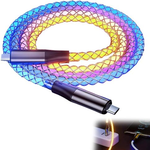 Cable USB C a USB C de 100cm 66W Luminoso Luz RGB Led Cable de Carga Rápida, Carcasa de Aleación de Zinc, Cable USB Luminoso para Transferencia y Carga de Datos, para Todos Los Dispositivos Tipo C