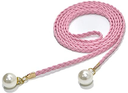 amangul Ceinture de taille, décorations délicates de perles, ceinture élastique tressée pour femme, ceinture fine, nœud coloré, vintage, bohème, rose, Length: About 130Cm