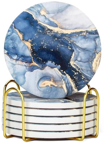 GRISHA Coasters Set of 6 - Homeware Marble design Coasters Ceramic - Coasters with Holder and Cork Base,Home accessories,Coaster(Drinks) cup and Table decor,10cm 4inch. (Golden Blue)