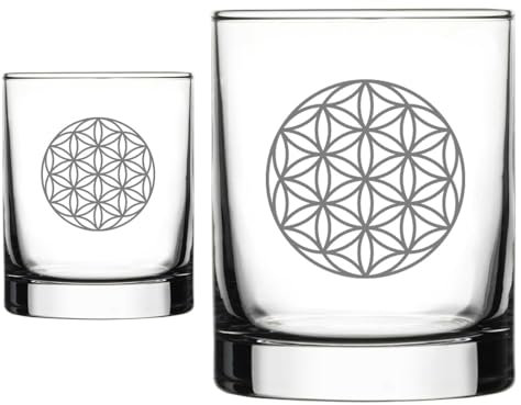 Graviertes Trink- & Wasserglas „Blume des Lebens“, Buddhistisches Glückssymbol, Füllmenge 300ml, Größe 9cm, für Yoga-Freunde, mit Gravur, personalisiert für spirituelle Momente