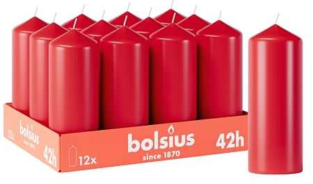 Bolsius Glatte Stumpenkerzen - Rot - 12 Stück - 15 x 6 cm - Dekorative Haushaltkerzen - Brenndauer 42 Stunden - Unparfümierte - Enthält Natürliches Pflanzenwachs - Ohne Palmöl