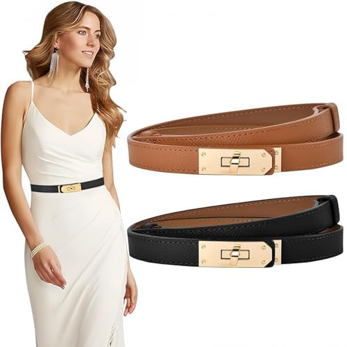 tyokas 2 Pack Gürtel Damen Frauen Skinny Klassischer Einfarbiger Legierungs Twist Lock Verstellbarer Dünner Gürtel Ziergürtel Geeignet für Kleider, Jeans, Jacken