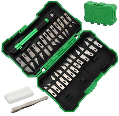 Amexo 29 Pezzi Coltelli di Precisione, Coltello a Bisturi Premium Set Coltello da Intaglio Artistici Coltelli di Precisione Per Hobby Taglierino di Precisione per Scultura Mestiere Fai da Te(Verde)