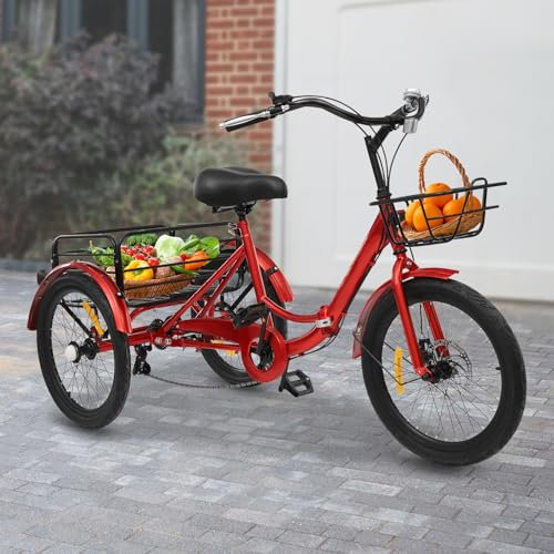 Hanmorfarbi 20 Zoll 7-Gang Faltbares Dreirad für Erwachsene, 3 Rad Fahrrad mit Front/Rück Körbe,Scheibenbremse & Trommelbremse,Höhenverstellbares Cityräder 130kg Tragfähiges