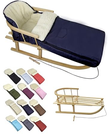 BambiniWelt Holzschlitten mit Rückenlehne & Zugseil + Winterfußsack 108 cm – warme Lammwolle, wasserabweisend – Kombi-Set für Kinderwagen & Buggy, Farbe: Marine