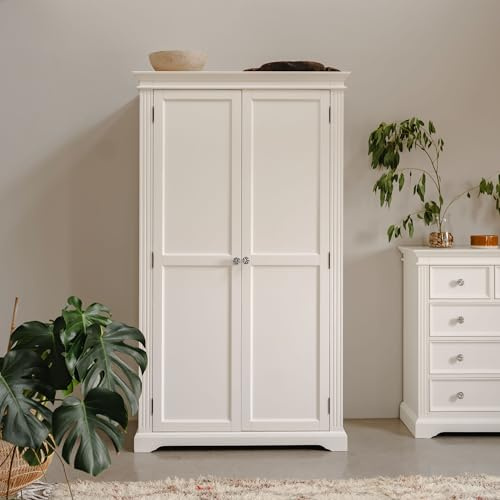 Statement Furniture Gainsborough Double Wardrobe with 2 Doors | White Bedroom Wardrobe Storage with Hanging Rail and Shelf | W115cm H200cm D62cm (crystal handles)
