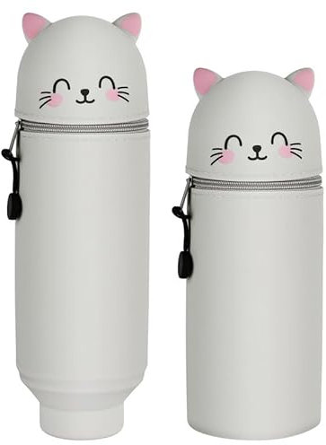 AMFUN 2 in 1 Weiches Silikon-Federmäppchen, Tischstifthalter, Cartoon Federmäppchen, Niedlicher Federtasche für Schülerin Teenager, Graue Katze