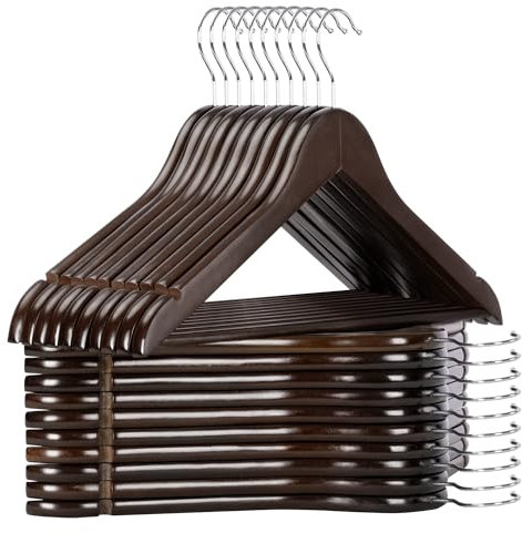 T-LOVENDO.ES Juego de 20 Perchas, Percha de Madera Maciza, Set de 20 Perchas, con Ranuras para Hombros, Barra Antideslizante para Pantalones, Gancho Giratorio 360°, para Todo Tipo de Ropa