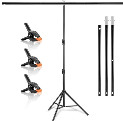 CROWNSHOP T-Shape Backdrop Stand Kit 2x2m/6.5x6.5ft Portable Background Stand Height Adjustable Photography Backdrop Stand with 3 Clip Clamps for Photo Video Studio