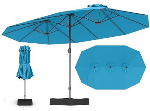 COSTWAY Parasol de Jardin Exterieur avec Pied, Parasol Double Face 4 M Rectangulaire pour 6-8 Personnes avec 2 Sacs de Sable, Manivelle, Ventilation, pour Terrasse, Patio, Piscine, Balcon, Turquoise