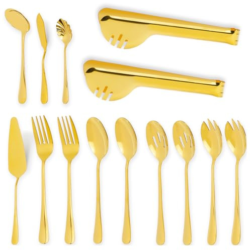 DIYJEP 14-Teiliges Gold Besteck Set | Edelstahl Servierbesteck mit Salatbesteck, Suppenkelle, Tortenmesser, Kuchengabeln, Zange für Buffet, Bankett, Party