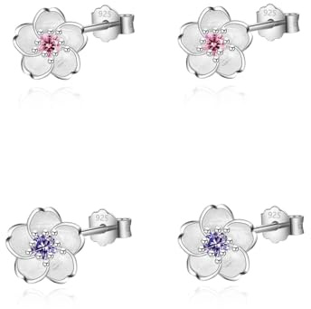 HinDaLi 2 Paar Blume Ohrringe Silber 925 für Damen Mädchen Kinder | Silber Ohrstecker Damen Kleine Ohrstecker Blumen Ohrringe Stecker mit Lila Rosa Zirkonia Knorpel Hypoallergen Schmuck