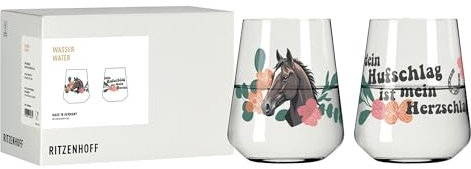 RITZENHOFF 8086004 Universalglas 2er Set 600 ml - Serie Reitgold - Trinkglas mit Pferde-Motiv, Spruch - bunt - Made in Germany