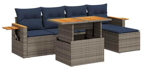 vidaXL 6 Piece Garden Sofa Set with Cushions Grey Poly Rattan Acacia, outdoor sofa set, garden lounge set