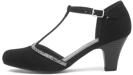 Lilley Womens Black Diamante T-Bar Court Shoe