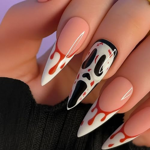 Blood Red Drip Almond Press-On Nails with Gothic Ghost Face Design for Halloween Costume Horror Events - 24 PCS False Nails Pre-Shaped Glossy Finish Nude Pink Gradient Midnight Black Accent Multiple