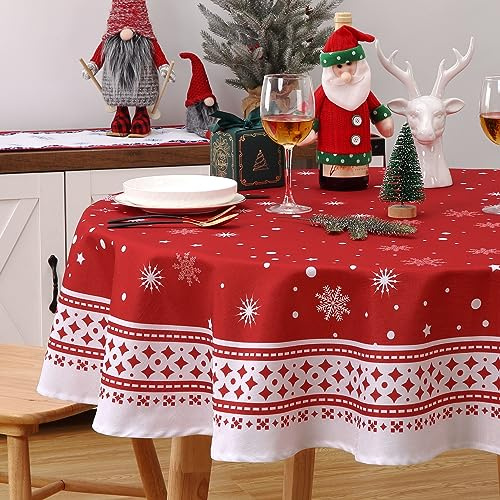 Hollyfield Weihnachtstischdecke abwaschbar, große Weihnachtstischdecke mit Sternen und Schneeflocken Motiv, roter Weihnachtstischläufer, Wasserabweisende Wachstuchtischdecke Rund 150cm