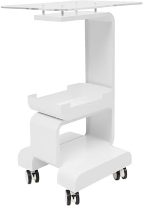 Chariot cosmétique avec grand panneau en verre acrylique et panier de rangement en métal solide blanc pour salon de beauté institut cosmétique et maison