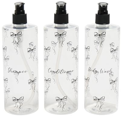 OHS 3 Pack Bow Print Shampoo and Conditioner Dispenser, Refillable Shower Gel Dispenser Shampoo Bottles Plastic Bathroom Shower Soap Dispensers Modern Pump Bottle Dispensers, Clear/Black