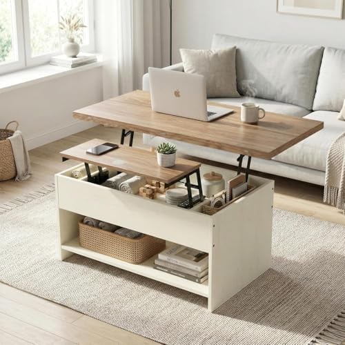 Manora Couchtisch Höhenverstellbar Holz,Wohnzimmertisch mit Stauraum,Sofatisch mit Verstecktem Fach und Aufklappbar Regal, Sofatisch für Wohnzimmer,2-stufig, Modern(Eiche Weiß)