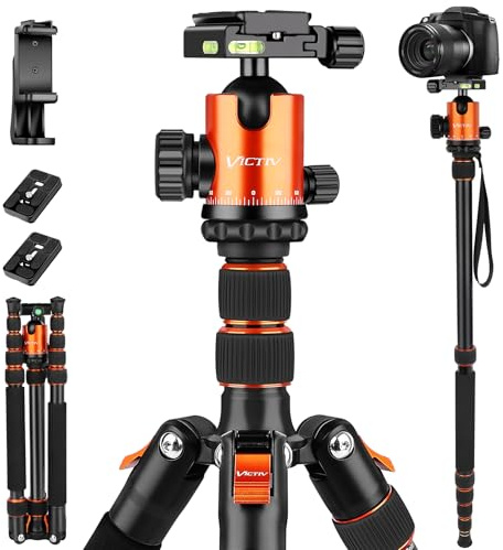 Victiv Tripode Camara de Aluminio 205cm, Trípode Profesional con Monopié Compatible con Sony Canon Nikon, Tripode para Movil con Soporte Teléfono, Cabeza Esférica Metálica 360° Giratoria, Carga 34lbs