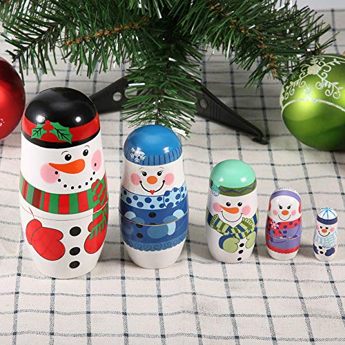 SIXRUN Weihnachtliches Handbemaltes Nesting-Puppen-Set aus Holz für die Heimdekoration, Matroschka-Puppen für Kinderspielzeug (Großer Schneemann)