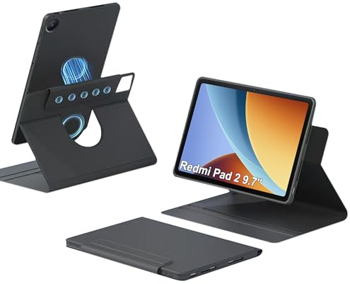 zZjoOoj Funda protectora para tablet Redmi Pad 2 de 9,7, giratoria 360°, magnética, separable, función de encendido/apagado automático, soporte ajustable, negro