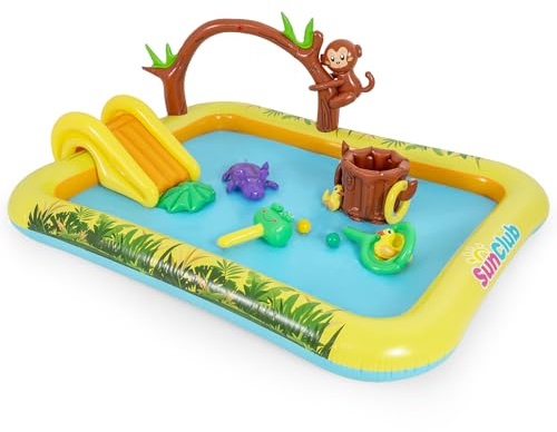 COSTWAY Piscina Gonfiabile per Bambini, Piscinetta per Bambini a Tema Giungla con Scivolo, Palline e Giocattoli a Forma di Animali, Parco Giochi da Esterno per Giardino e Cortile, per 2-6 Anni