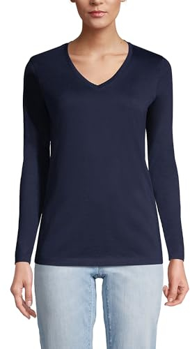 Lands' End Women's Relaxed American-Grown Supima Cotton Long Sleeve V-Neck T-Shirt, Radiant Navy, S Petite