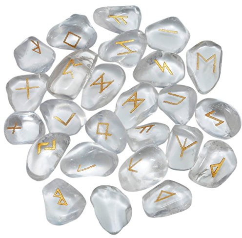 mookaitedecor 25 Pièces Cristal de Roche Runes Divinatoires Pierres Poli Roulée Gravée Cristal pour Reiki Guérison Décoration