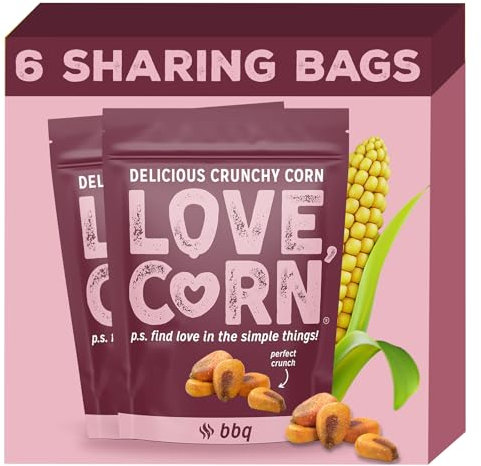 LOVE CORN BBQ Crunchy Corn Snack 115g x 6 Bags – Healthy Snacks Ideal for Gluten Free & Vegan Diets – Low Sugar Alternative for Crisps, Mixed Nuts & Pretzels – Perfect To Graze On