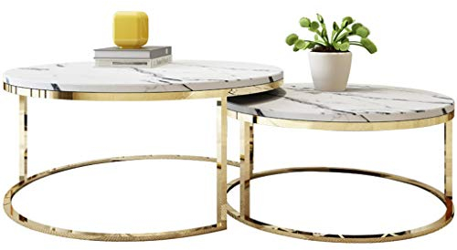 Einfache Couchtisch-Set, Marmor-Textur-Tischplatte, Edelstahl-Hochglanz-Tischgestell, hohe und niedrige Kombination, verwendet in modernen Wohnzimmern, rund, schwarz und weiß optional