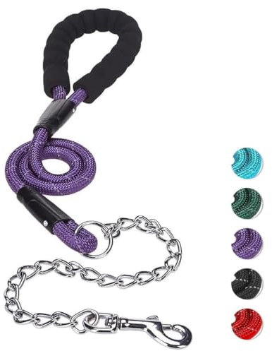 MIHACHI Anti Chew Dog Lead - Heavy Duty Rope Dog Leash with No Bite Chain and Soft Padded Handle, No Tangle Strong Leash with Reflective Threads