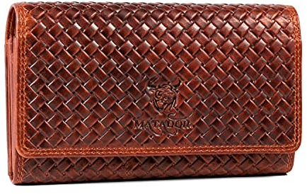 MATADOR XL Portefeuille Femme Cuir veritáble avec Protection RFID testée par Le TÜV | Porte Monnaie Femme avec boîte Cadeau | Porte Feuilles pour Femme Grande capacité | Grand Format Tressage Marron