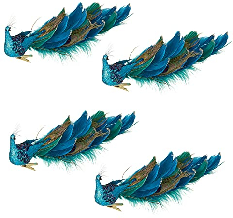 QYLJZB 12In Peacock Christmas Ornaments, Clip Faux Peacock Decorations with Real Feather Tail for Wedding Xmas Tree Spring Garland Garden Decor Yard Art, 4 Pack, Blue