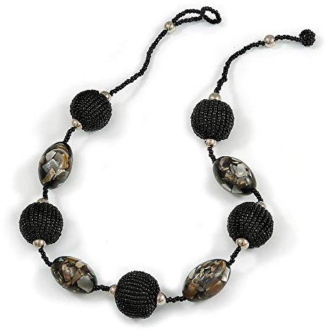 Avalaya Sautoir grosse perles en résine de verre noir/gris 50 cm L