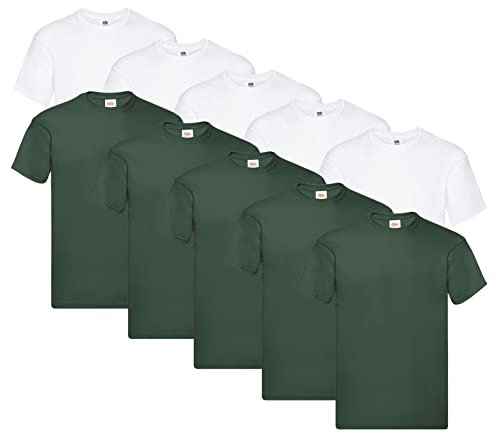 Fruit of the Loom Men's Valueweight Short Sleeve T-Shirt, Matt (Pack of 5), 5x white + 5x bottle green + 1 Hl Kauf notepad, 3XL