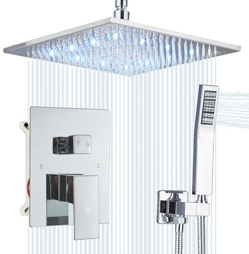 Deckenhalterung Duscharmatur Set 30,5 cm LED Regendusche Duschkopf Badezimmer Regendusche System mit Handbrause raues Ventilkörper und Verkleidung enthalten, verchromt