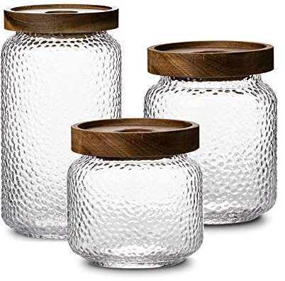 NUTRIUPS Bocaux en Verre Hermétique, 3 Pièces Bocal Hermetique, Pot en Verre Avec Couvercle Bois, Bocaux Verre (350ML+500ML+750ML)