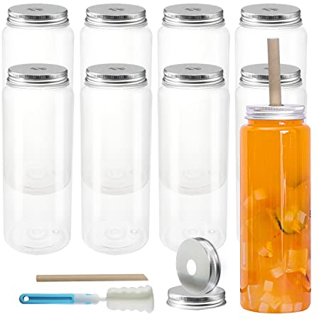 YBCPACK 16oz Plastic Smoothie Bottle, Ice Coffee Cup with Straw, Plastic Juice Bottles Ideal for Juice, Milkshake, Bubble Tea, Homemade and Takeaway Beverages (8Pack)