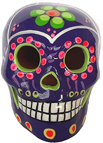 La Casa di Frida Oaxaca-Schädel, mexikanischer Calavera, 100 % handgefertigt aus Terrakotta, Violett