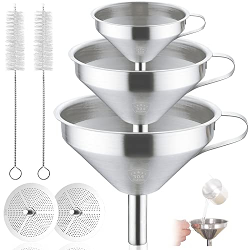 McNory Edelstahl Trichter,3 Stück Edelstahl Trichter Filter Set mit Griff & abnehmbarem Sieb,Einfülltrichter,Kitchen Strainer Trichter Set,für die Übertragung von flüssigen Zutaten(13/11/5.6 cm)